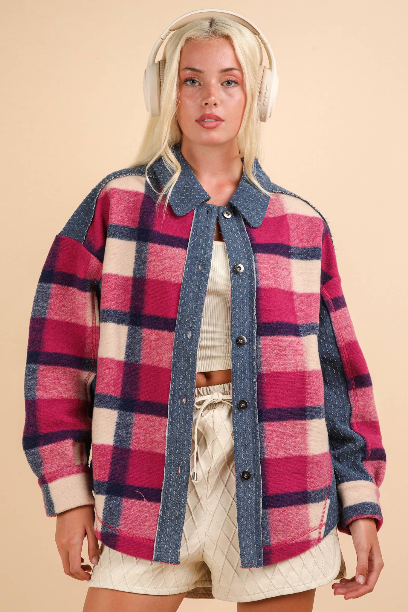 Textured Denim Contrast Plaid Shacket