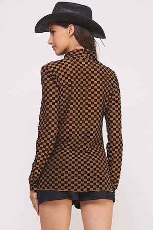 Long Sleeve Checkered Mesh Top Mocha