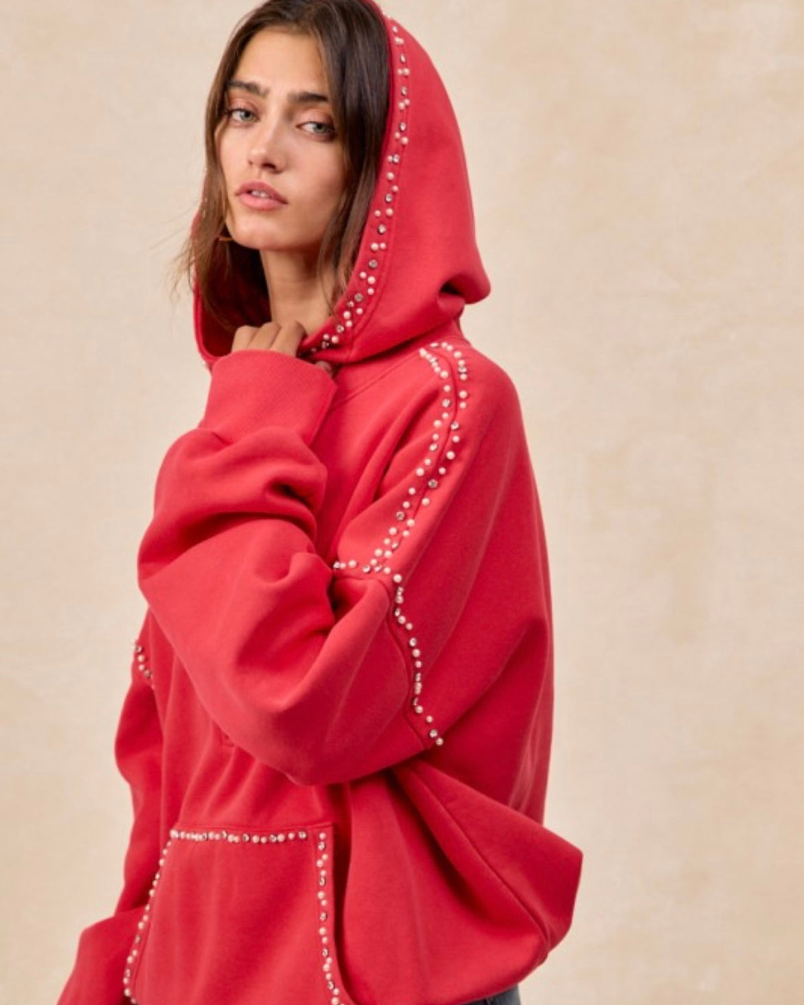 Brushed Terry Half Zip Red Bejeweled Hoodie