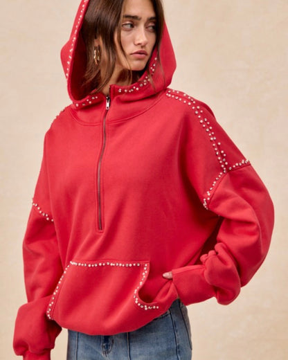 Brushed Terry Half Zip Red Bejeweled Hoodie