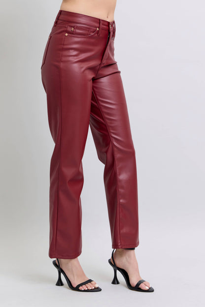 Faux Leather Tummy Control High Waisted Straight: Red