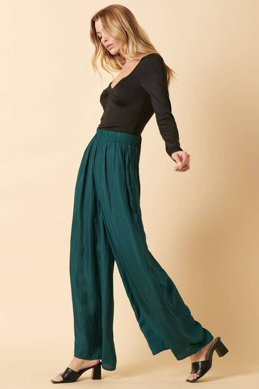 LIGHT SATIN WIDE LEG PANTS: HUNTER GREEN