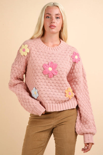 Hand Made Flower Applique Knit Sweater