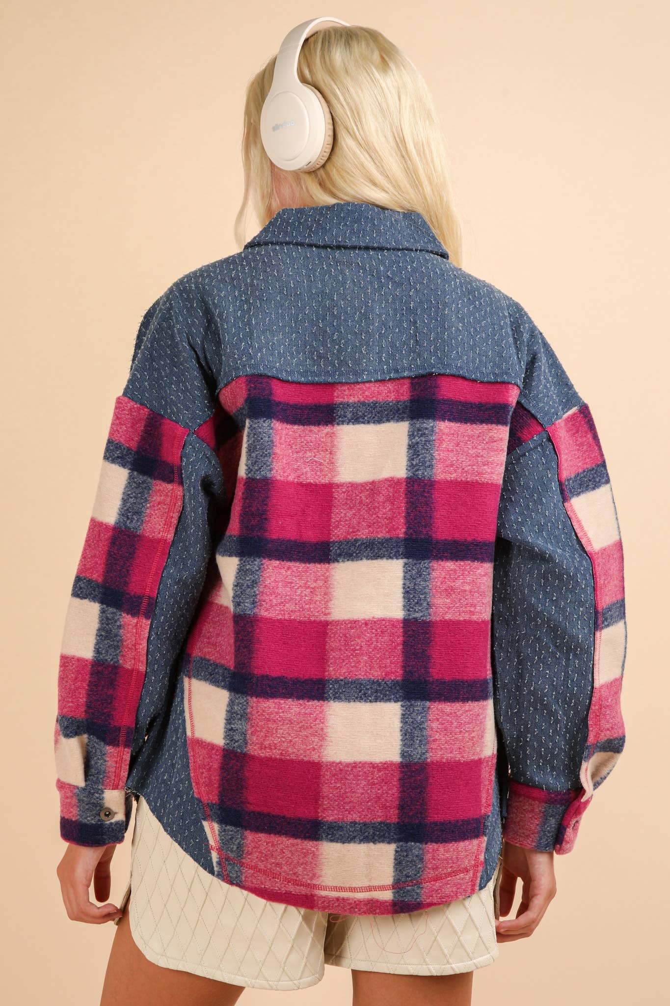 Textured Denim Contrast Plaid Shacket