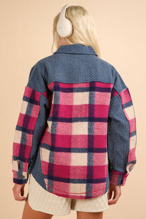 Textured Denim Contrast Plaid Shacket