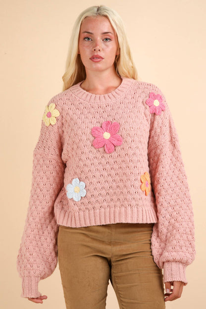 Hand Made Flower Applique Knit Sweater