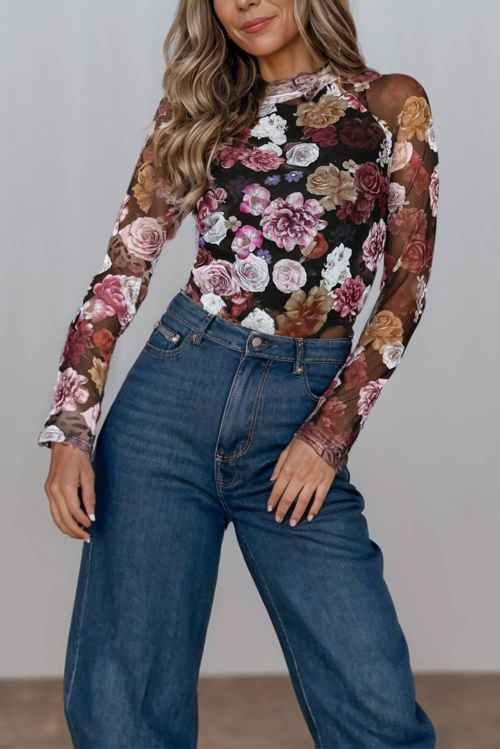 Black/Pink Mesh Floral Mock Neck Long Sleeve