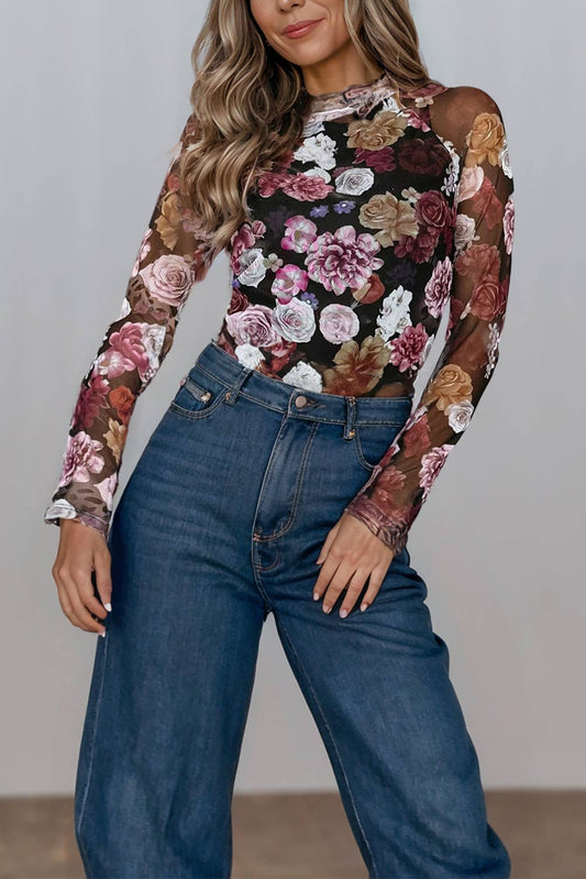 Black/Pink Mesh Floral Mock Neck Long Sleeve