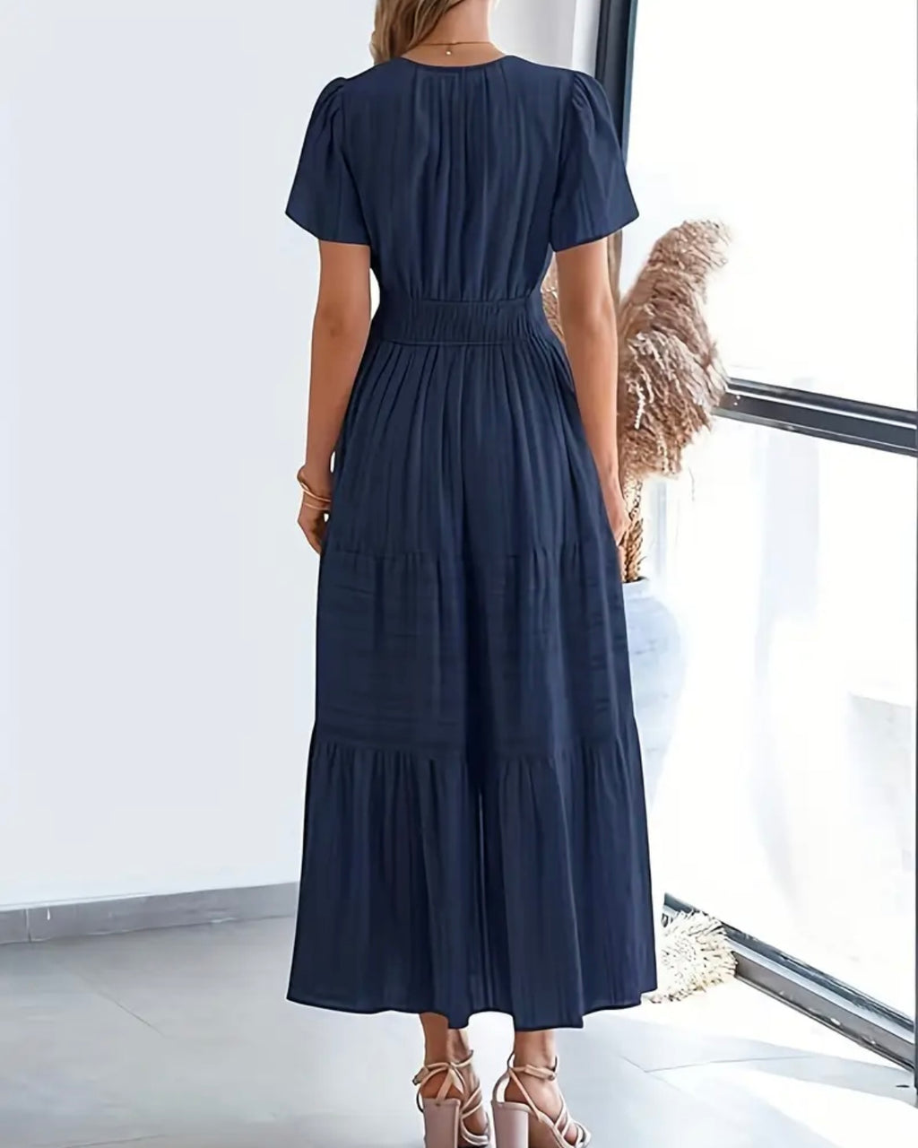 Navy Lined Midi Dress