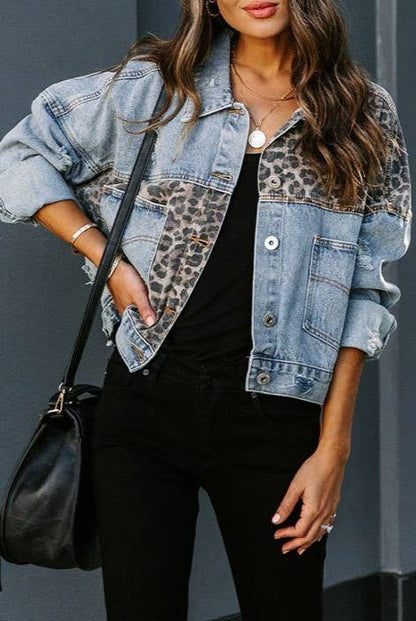 Leopard-Print Paneled Denim Jacket