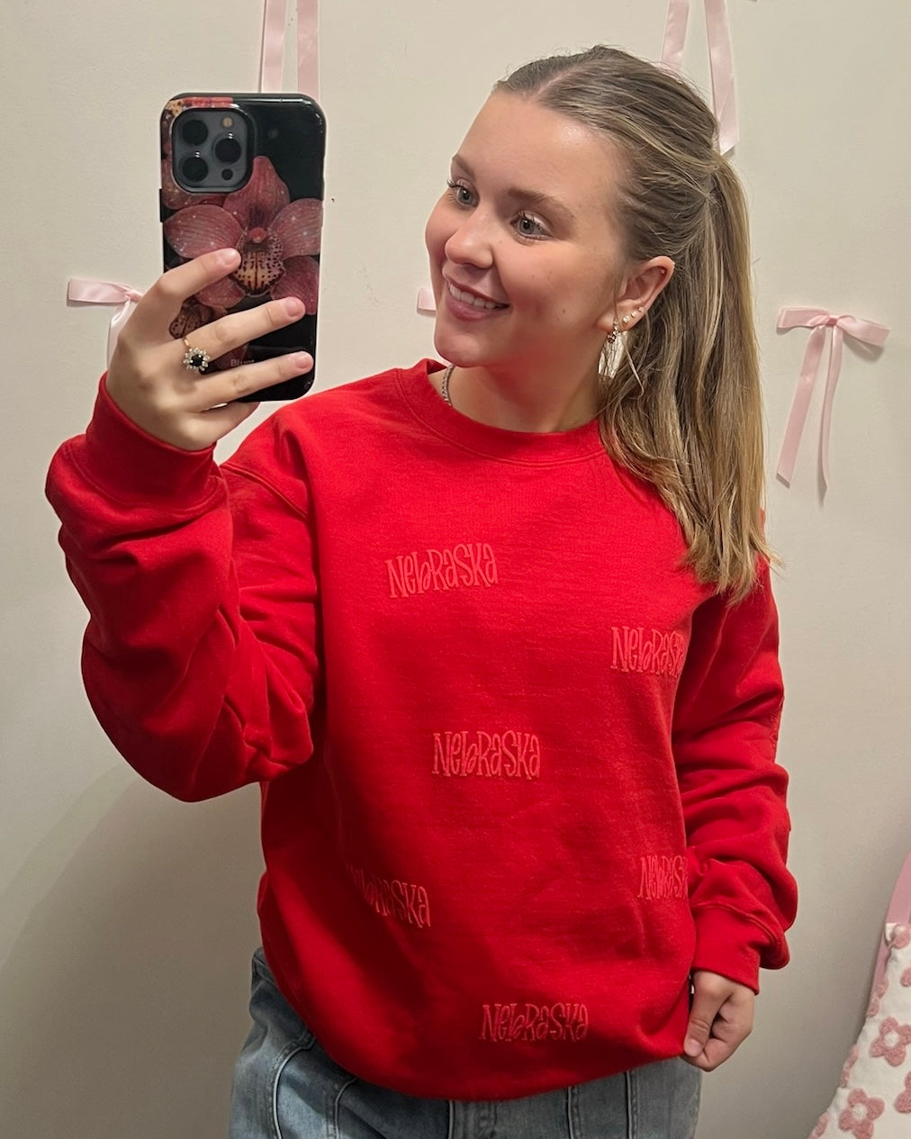 Nebraska All Over Puff Print Crewneck (Red)