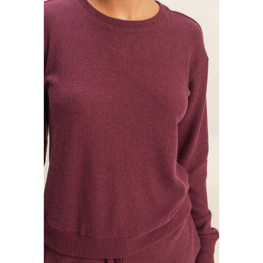 Brushed Crew Neck Long Sleeve Top: DARK CHERRY