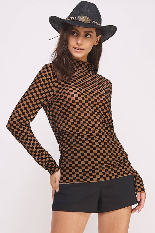 Long Sleeve Checkered Mesh Top Mocha