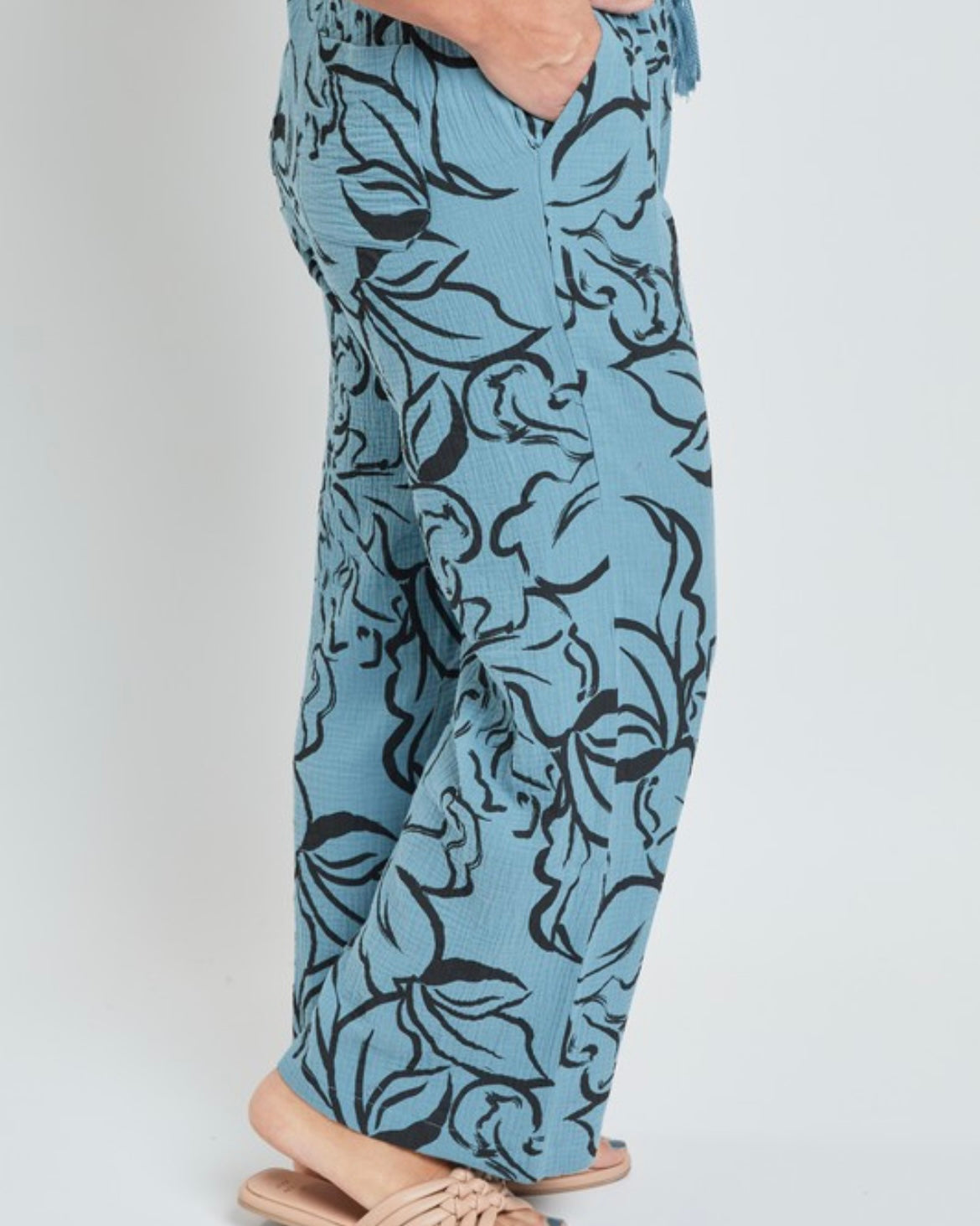 Blue With Black Floral Gauze Pants