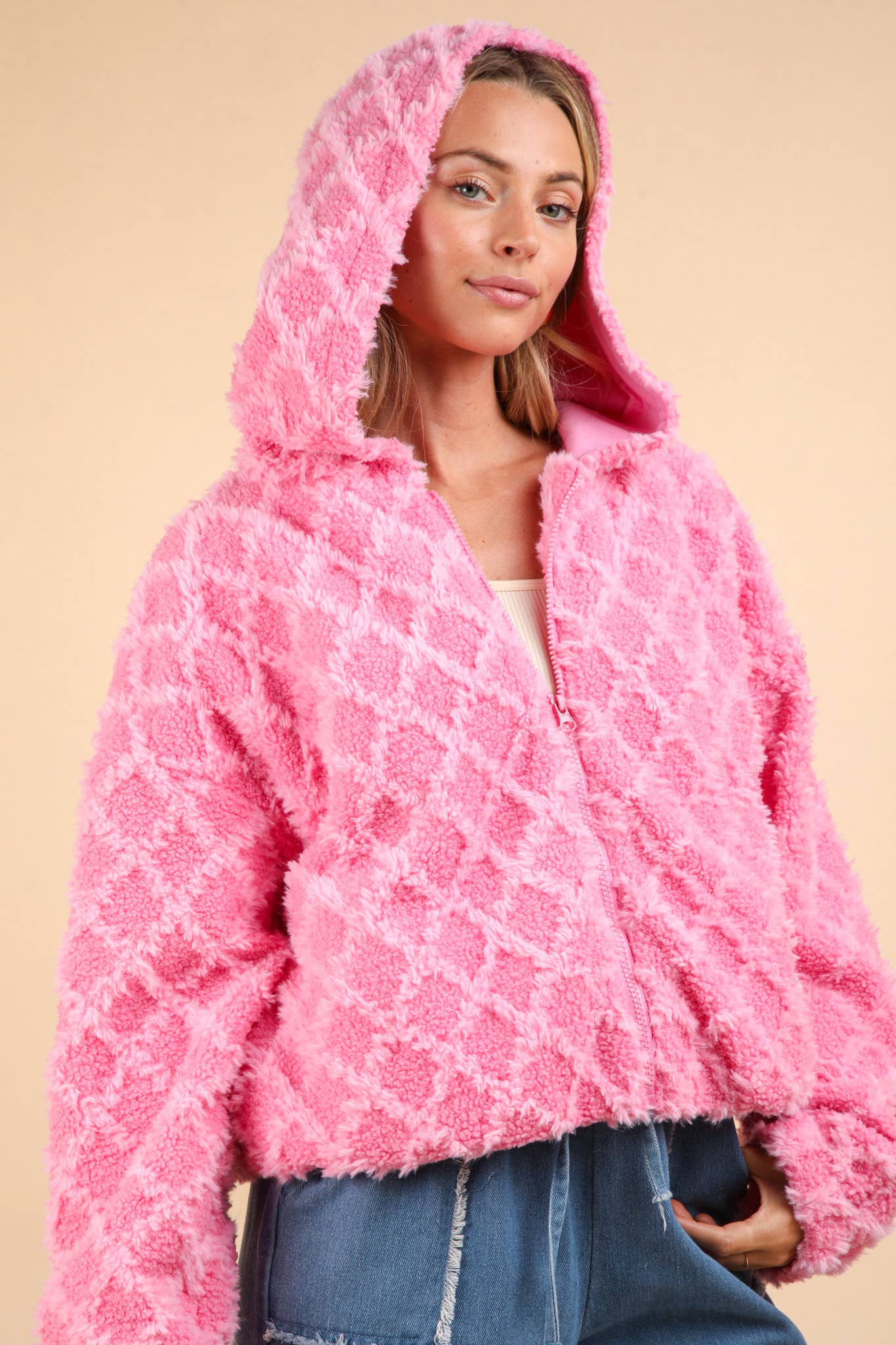 Oversized Pink Fuzzy Fur Textured Hoodie