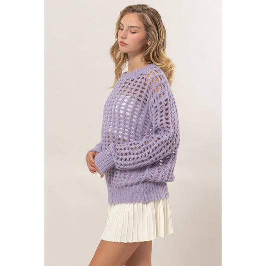 Open Stitch Long Sleeve Sweater: LILAC