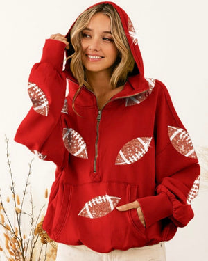 Football Sequin Half Zip Hooded Pullover