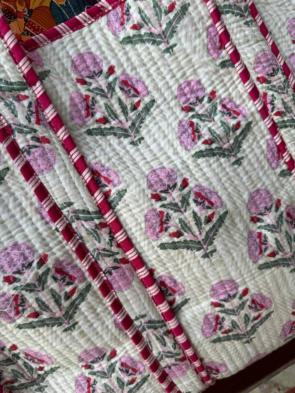 Printed Cotton Quilted Bag-pink floral