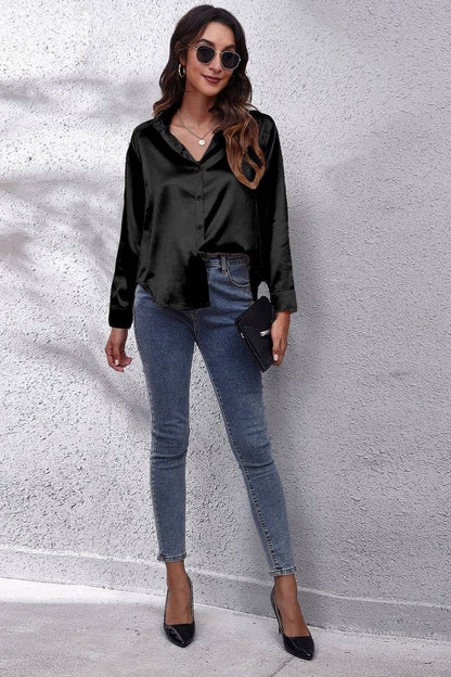 Button Down Satin Long Sleeve Top: White