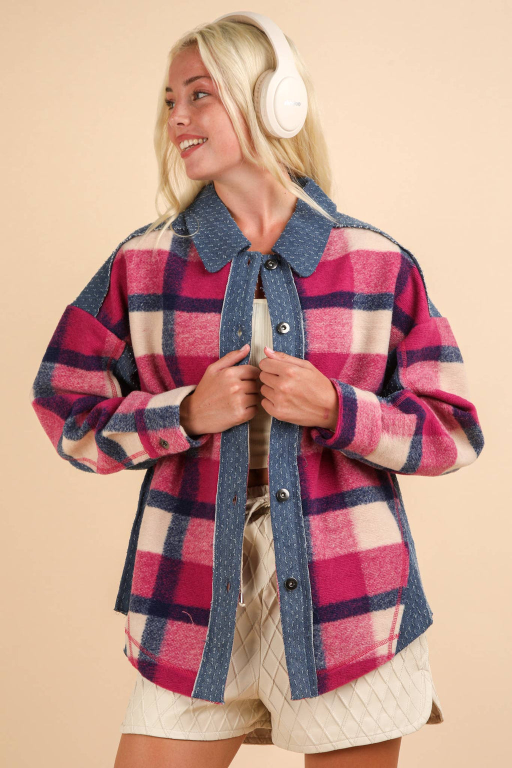 Textured Denim Contrast Plaid Shacket