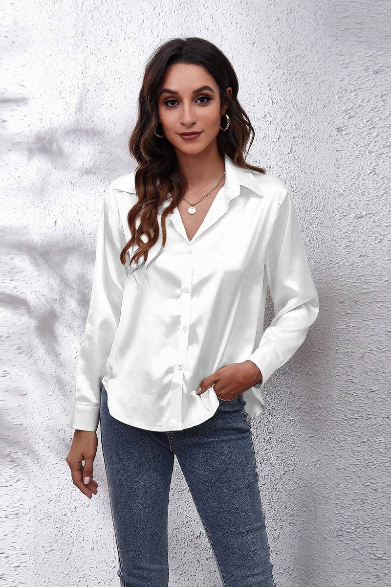 Button Down Satin Long Sleeve Top: White