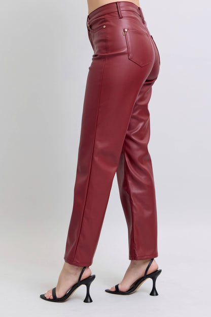 Faux Leather Tummy Control High Waisted Straight: Red