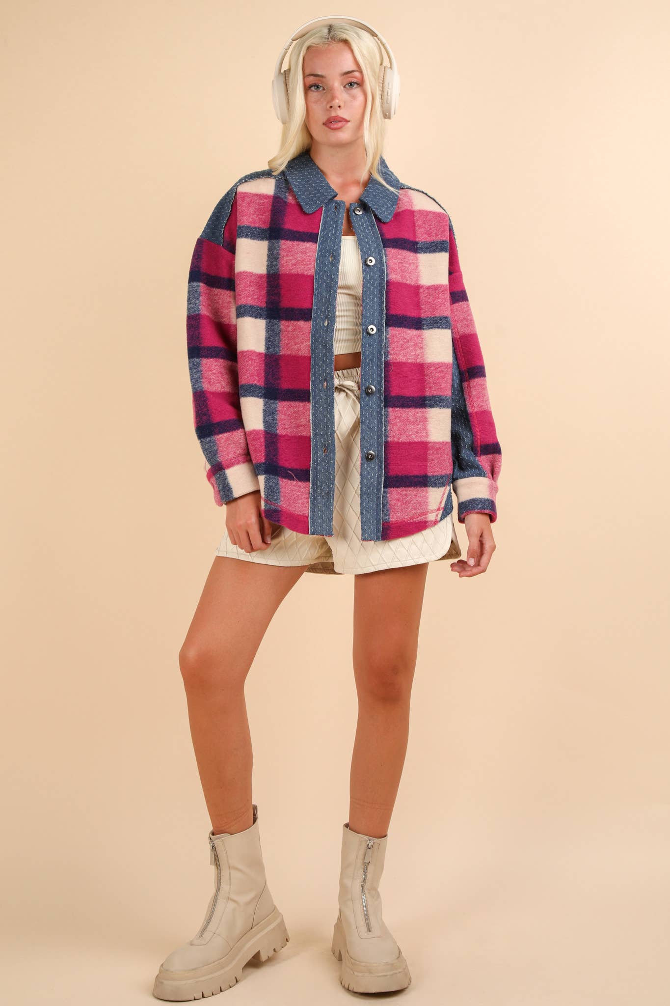 Textured Denim Contrast Plaid Shacket