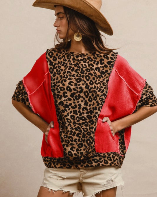 Denim and Leopard Top with Pockets