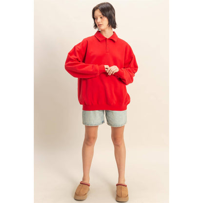 Oversized Polo Collared Pullover: RED
