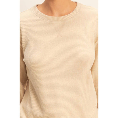 Brushed Crew Neck Long Sleeve Top: LIGHT TAUPE