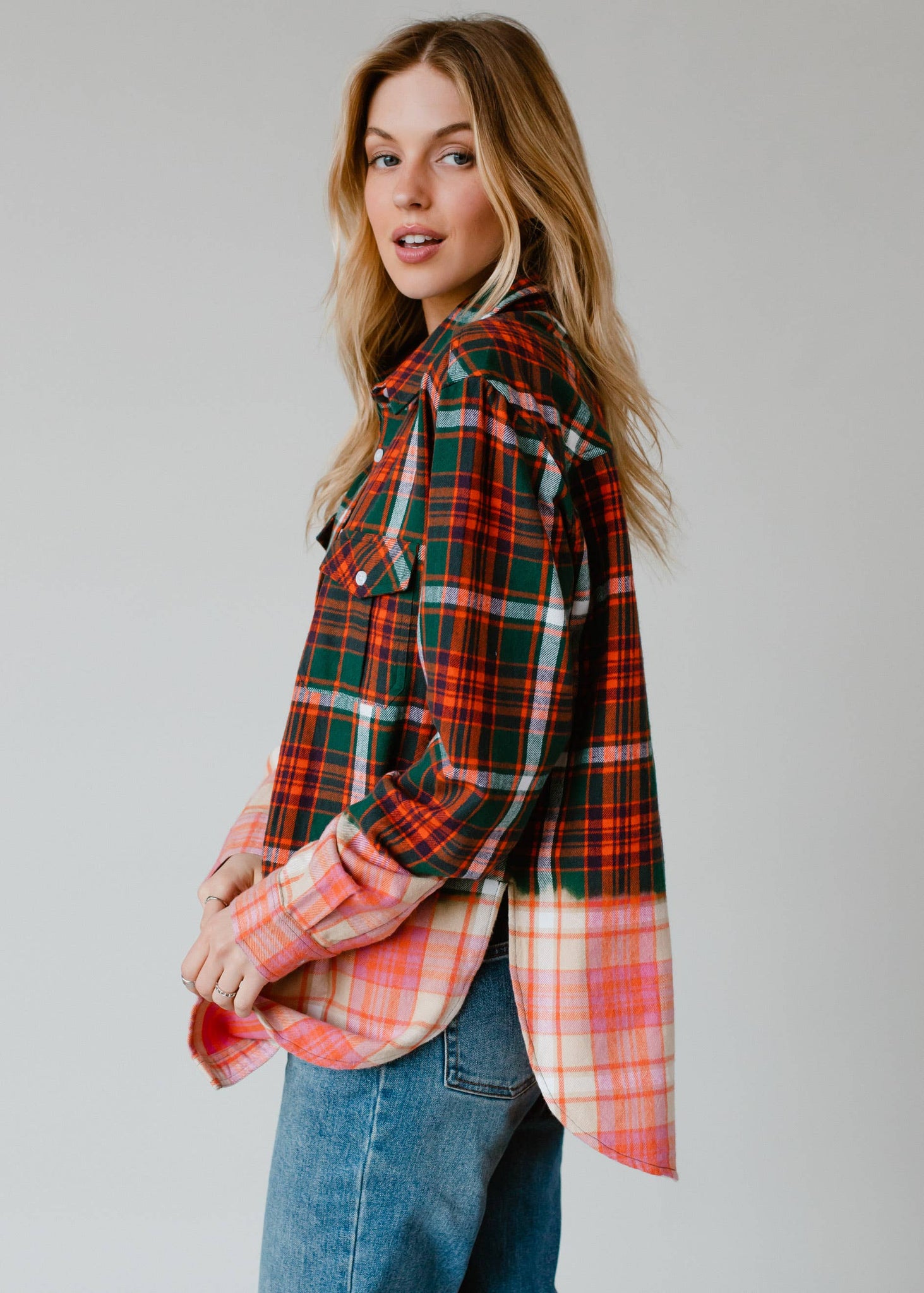 Green, Navy, Orange & White Plaid Flannel