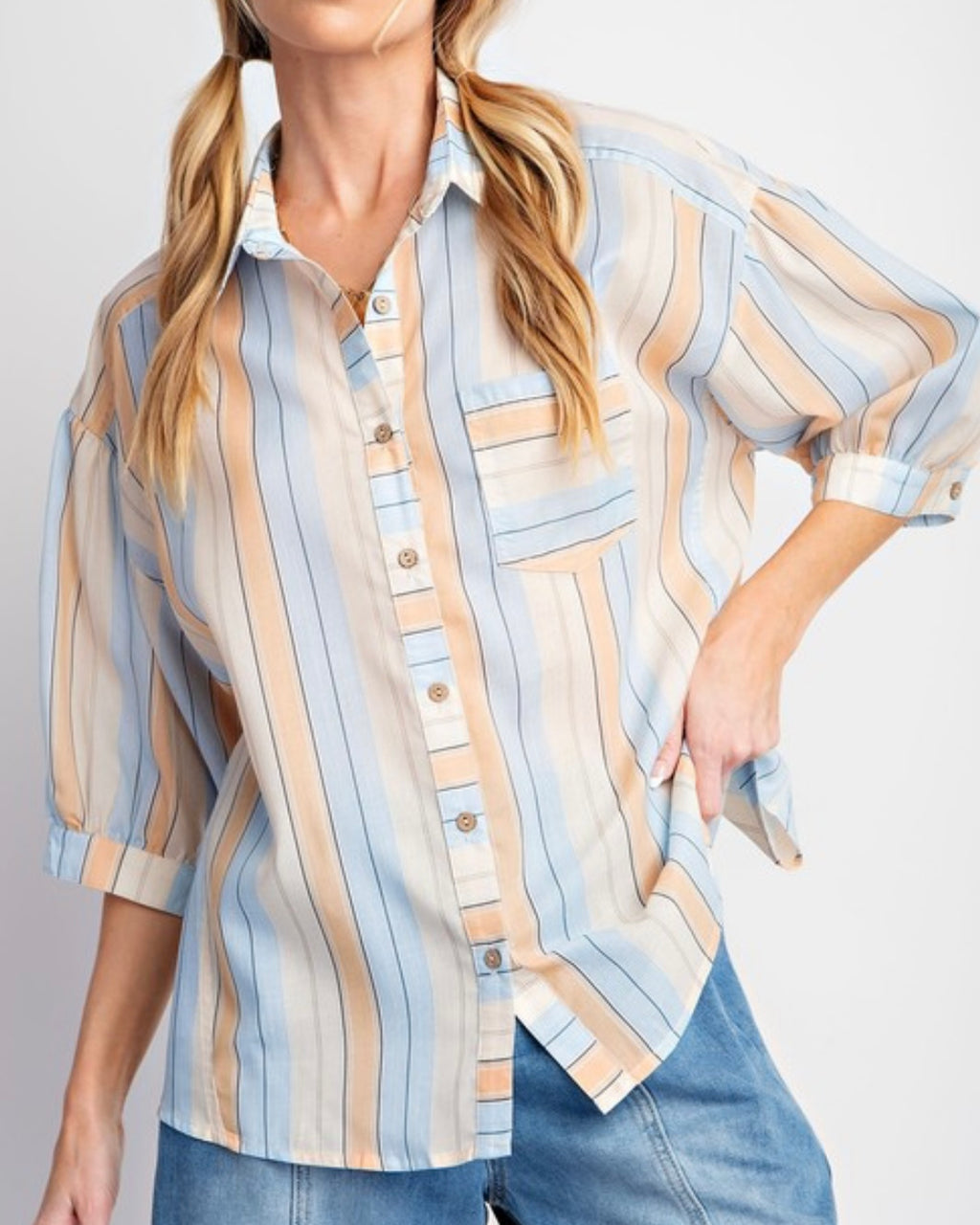 Half Sleeve Striped Button Up