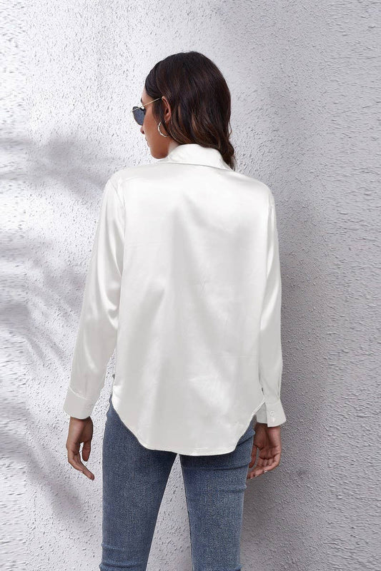 Button Down Satin Long Sleeve Top: White