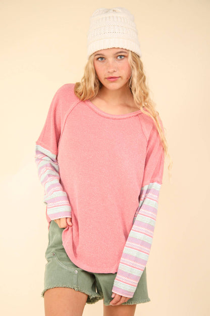 Contrast Striped Sleeve Knit Top