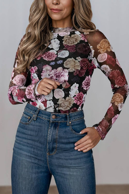 Black/Pink Mesh Floral Mock Neck Long Sleeve