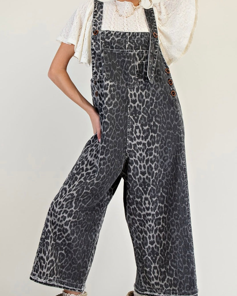 Washed Animal Print Twill Overalls