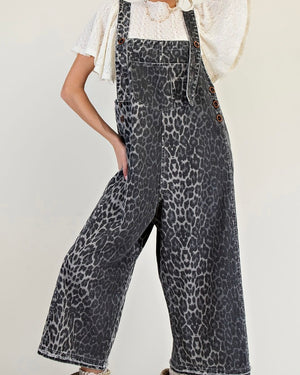 Washed Animal Print Twill Overalls
