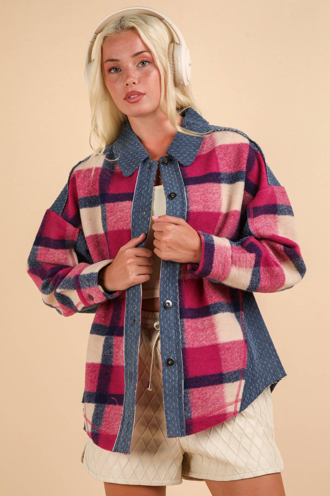 Textured Denim Contrast Plaid Shacket