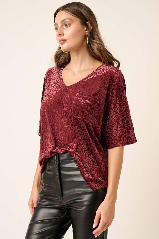 LEOPARD VELVET BURNOUT V-NECK TOP