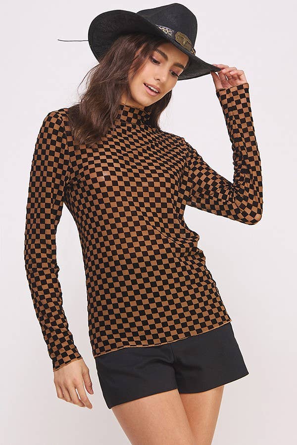 Long Sleeve Checkered Mesh Top Mocha