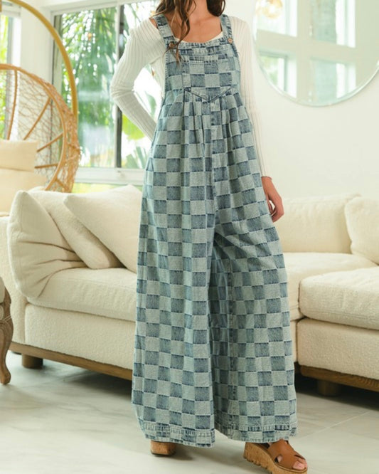Washed Vintage Checkered Wide Leg Overalls