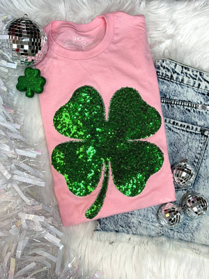 Clover Sequins St Patricks Day Pink Tee