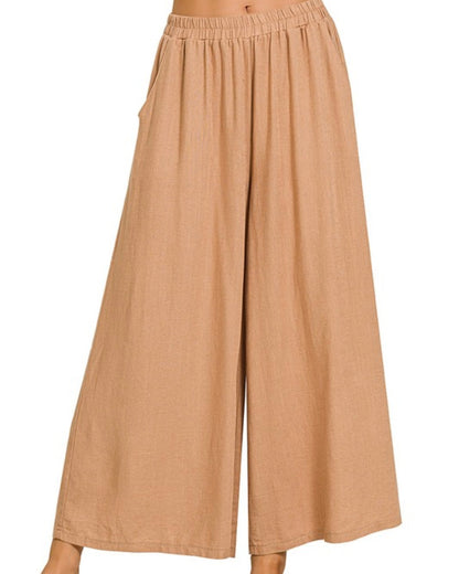 Woven Linen Blend Wide Leg Pants