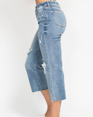 High Waist Destroy Wide Leg Crop Denim