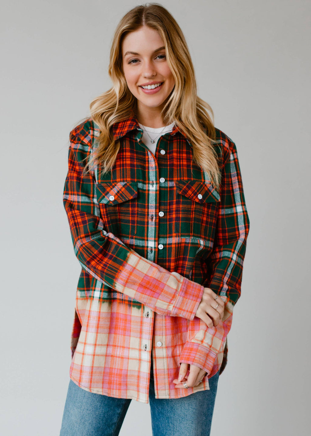 Green, Navy, Orange & White Plaid Flannel