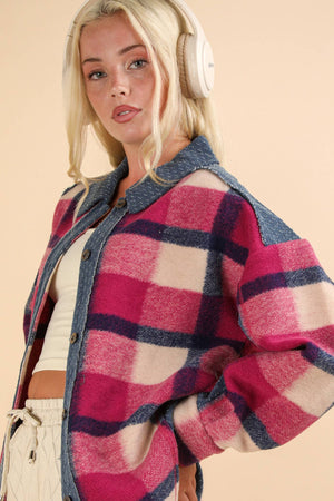 Textured Denim Contrast Plaid Shacket