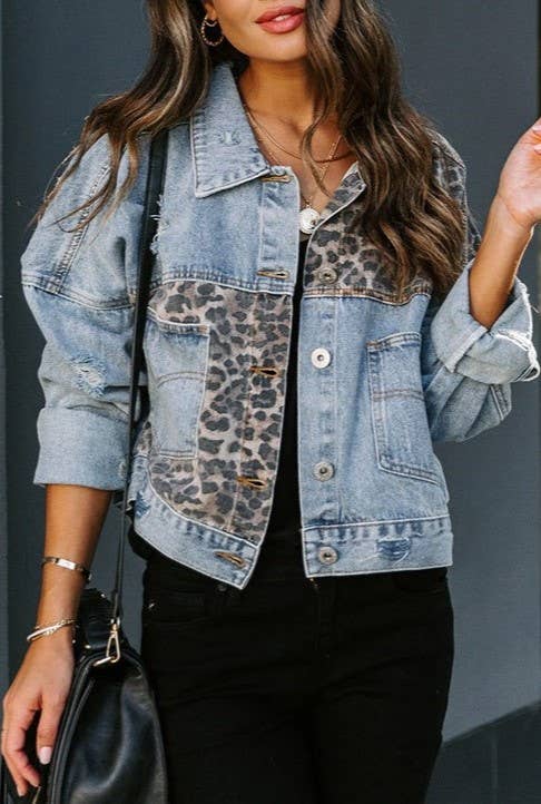 Leopard-Print Paneled Denim Jacket