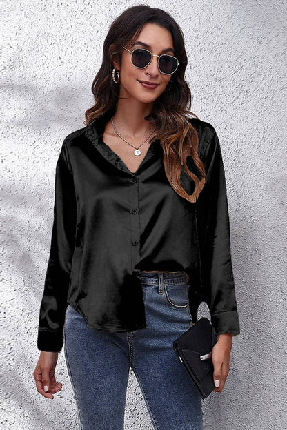 Button Down Satin Long Sleeve Top: White