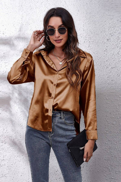 Button Down Satin Long Sleeve Top: White