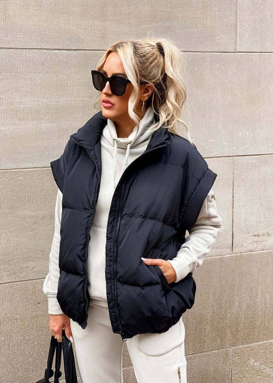Black Puffer Vest With Dropped Sleeve